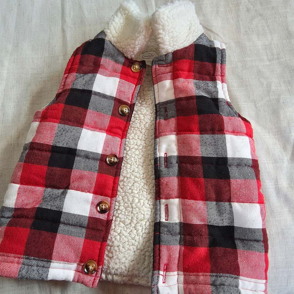 Mud Pie Kids Buffalo Check Red and Black Plaid Sherpa Fleece Lined Quilted Vest
